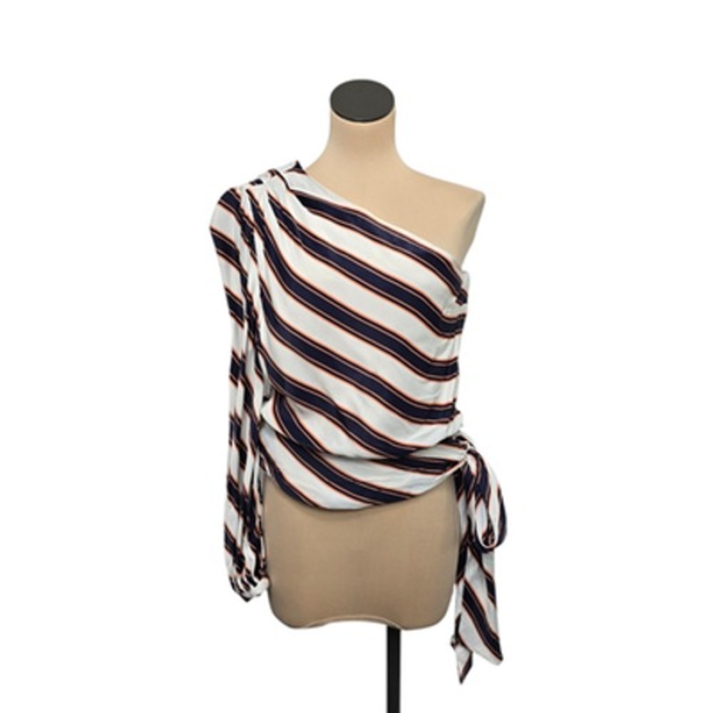 Maeve One-Shoulder Striped Blouse - White, Blue, Red